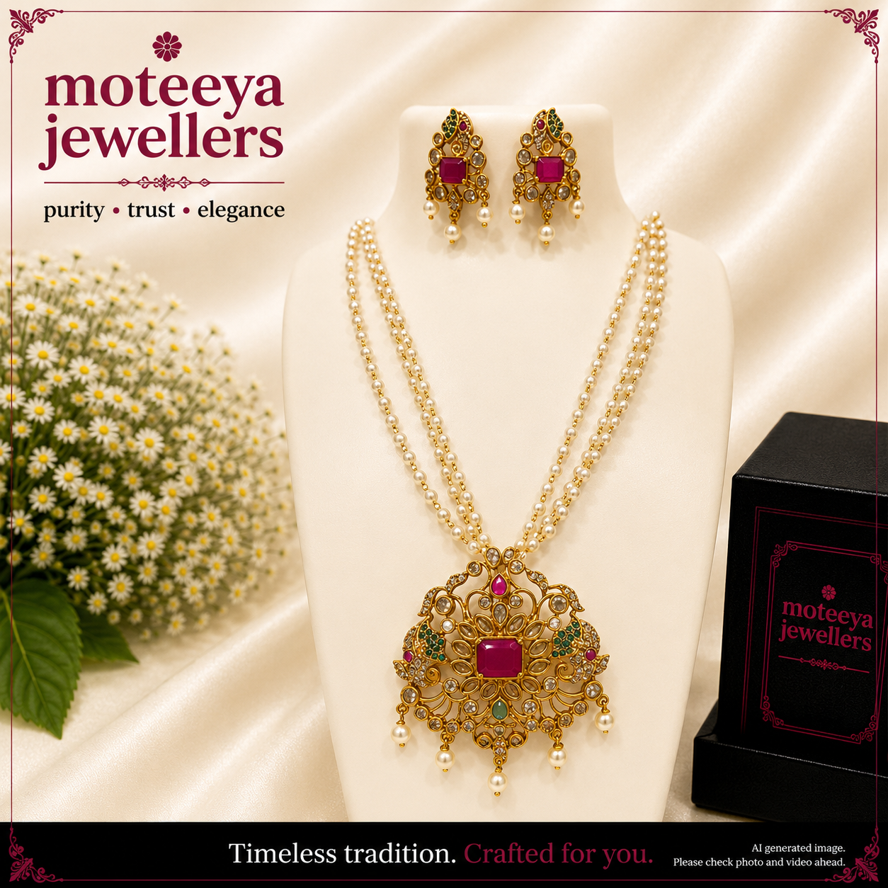 Anitque finish red green locket set with 3 layered pearl strands L1111 1111
