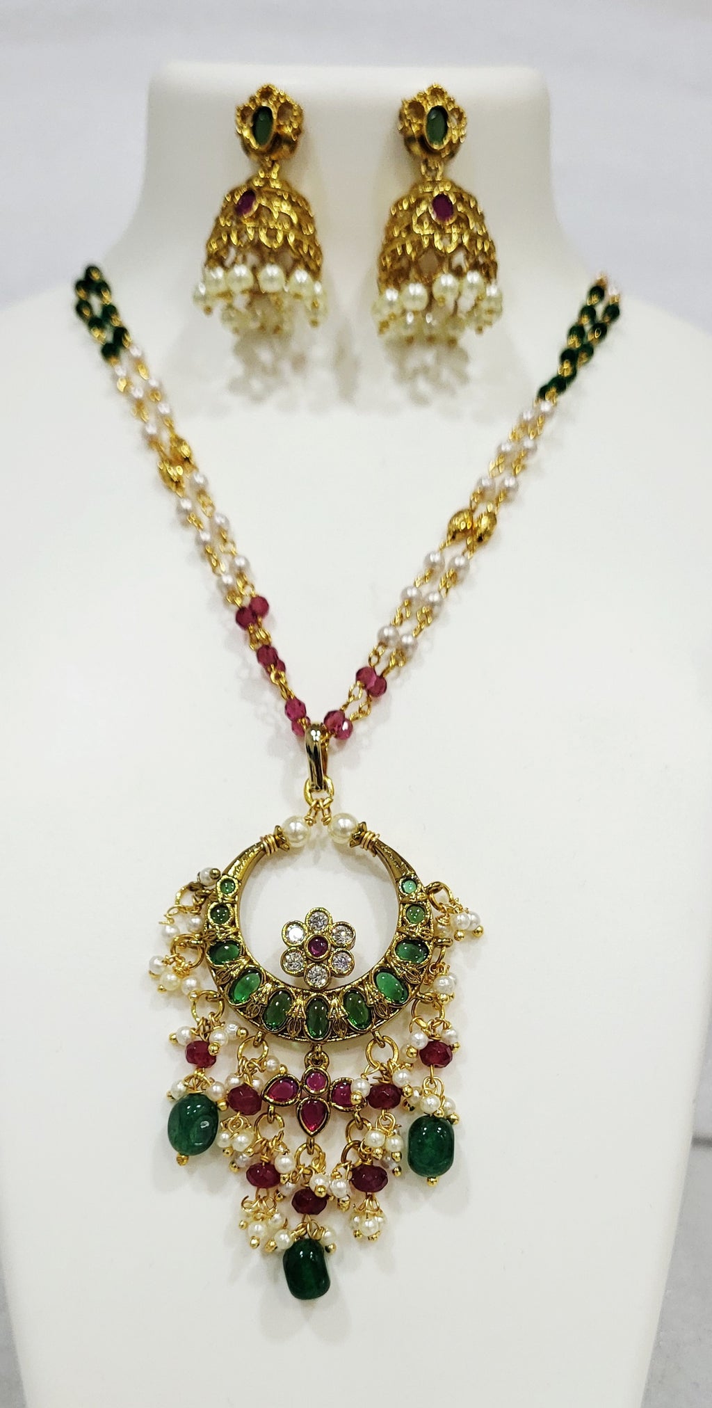 Chandrakor Red Green Ranihaar with Ghumti Earrings m632 632