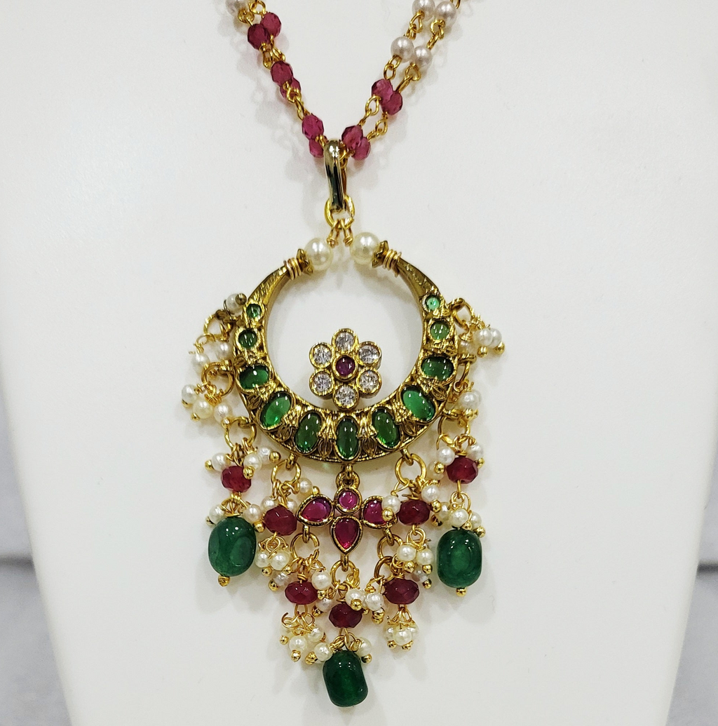 Chandrakor Red Green Ranihaar with Ghumti Earrings m632 632