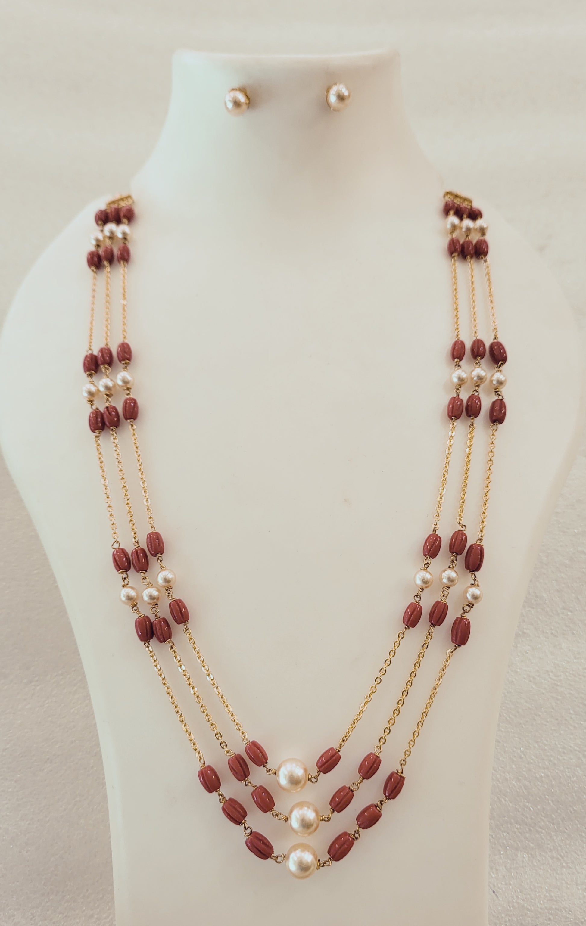 Three layered Moti and Carved Coral Chain Necklace set m680 680