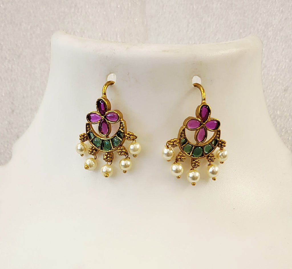 Red Green Pota (Uncut) Stones Chandrakor Earrings in Antique Finish m726 726