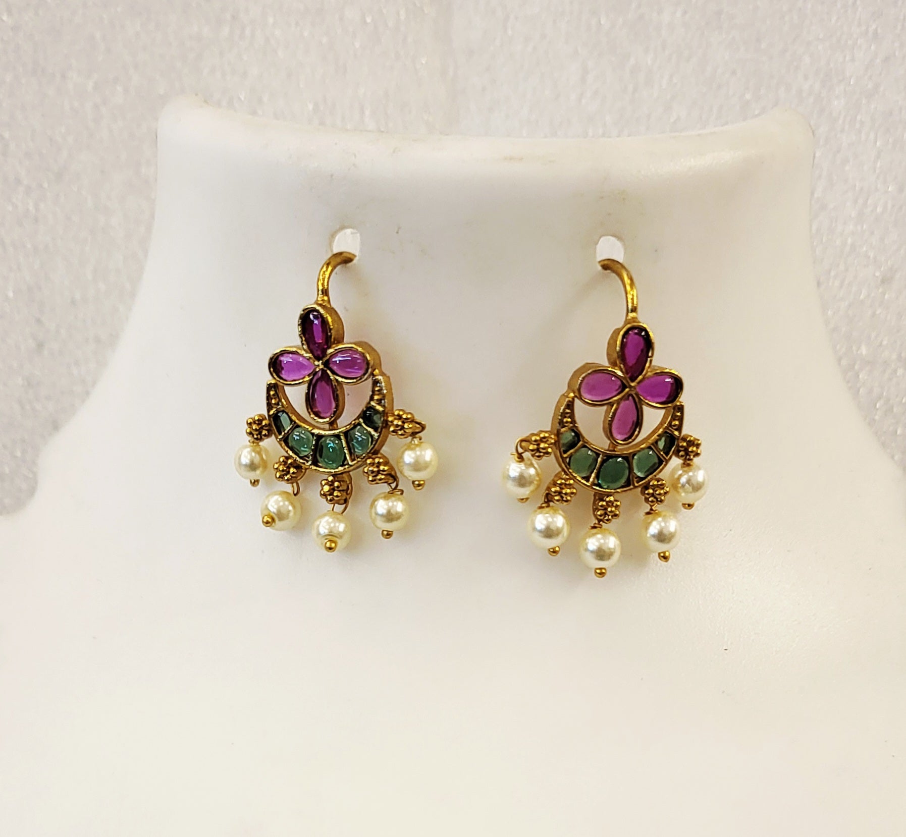 Red Green Pota (Uncut) Stones Chandrakor Earrings in Antique Finish m726 726