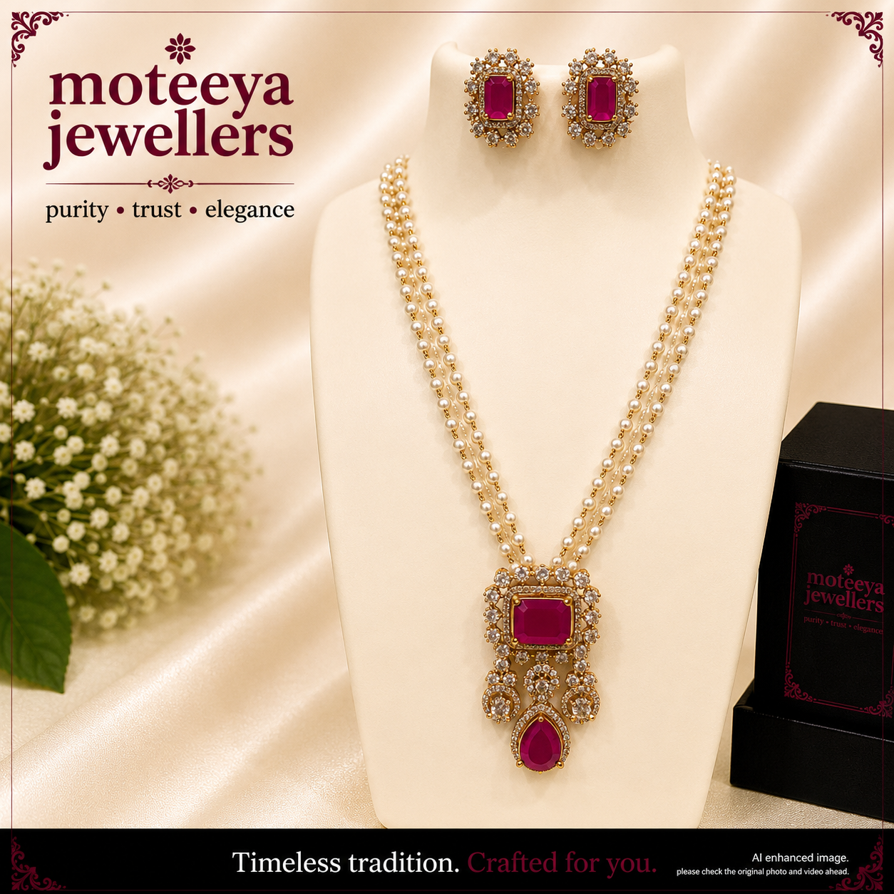 AD single stone locket set with 3 layered pearl strand L1109 1109