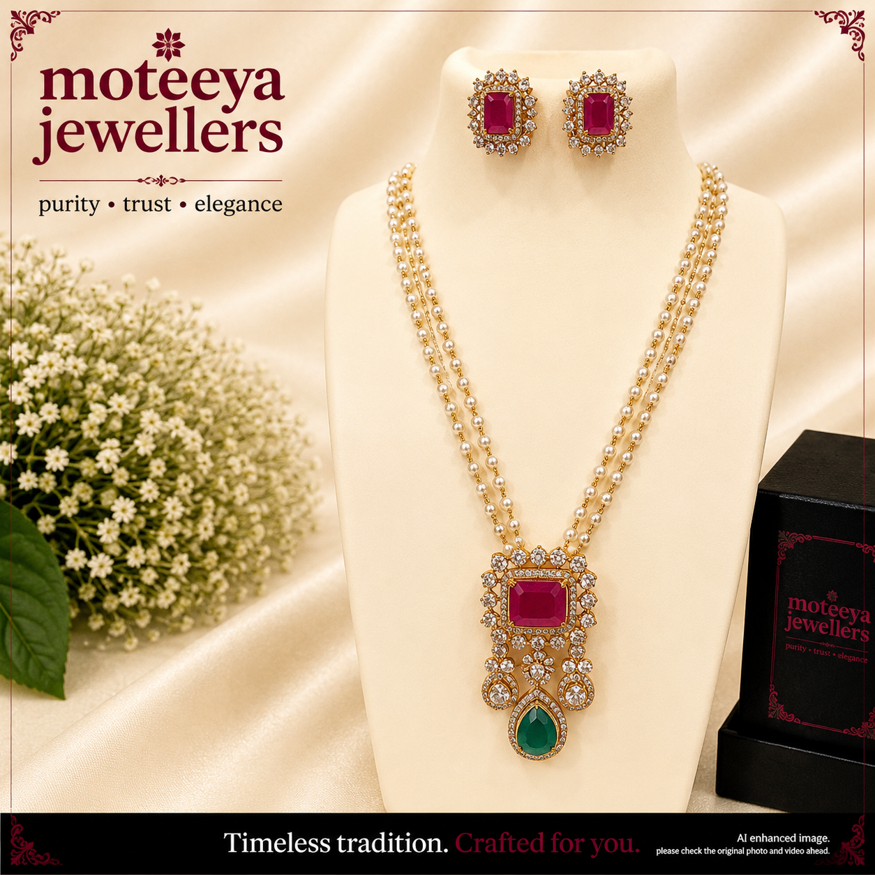 AD single stone locket set with 3 layered pearl strand L1109 1109