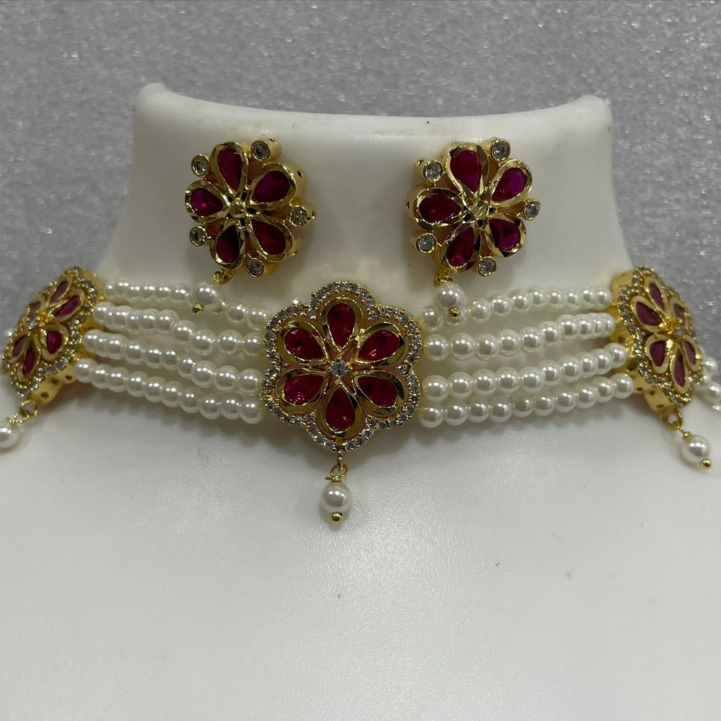 Red AD and pearl Flower Choker CH1113 1113