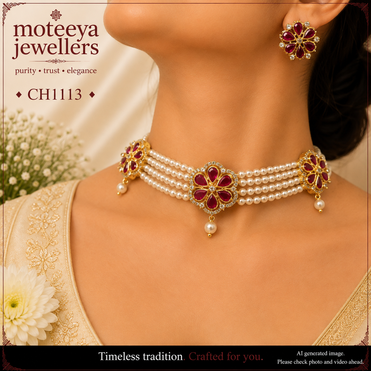 Red AD and pearl Flower Choker CH1113 1113