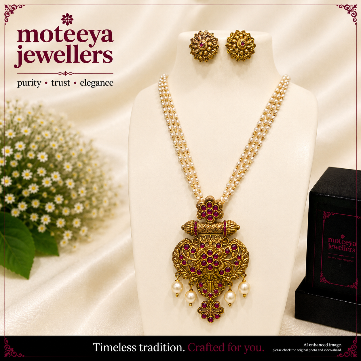 Antique red flower locket set with pearl strands L1117 1117