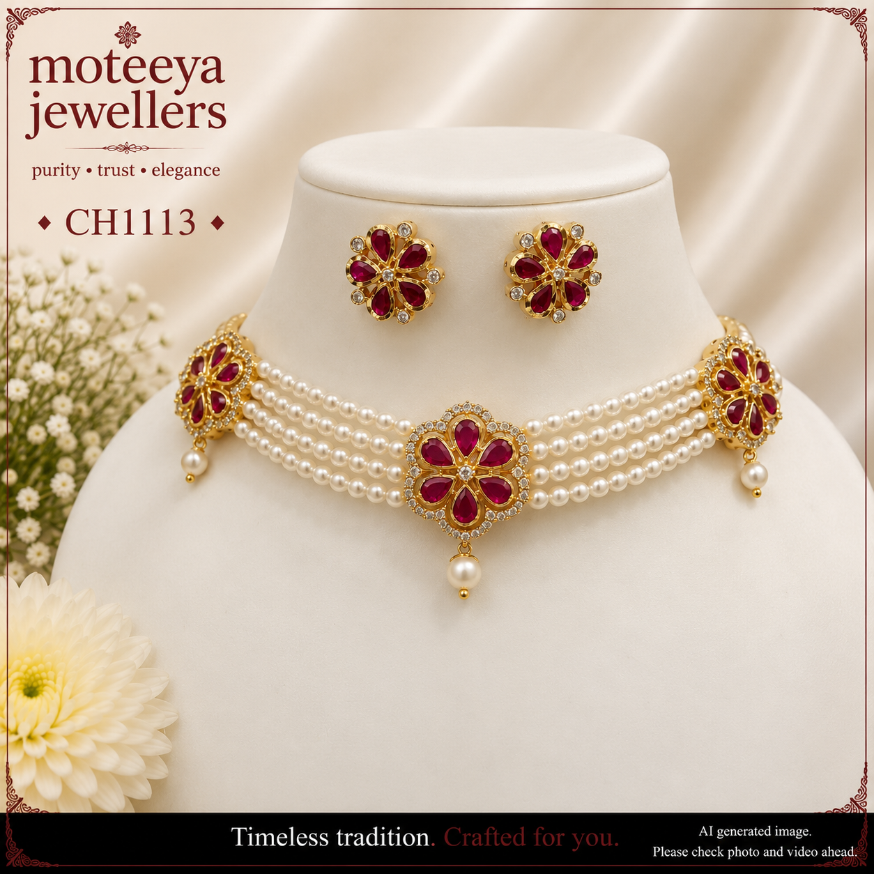 Red AD and pearl Flower Choker CH1113 1113