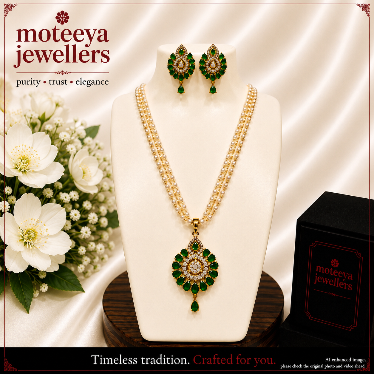 Leaf shaped AD Locket Set with Pearl strands L1103 1103