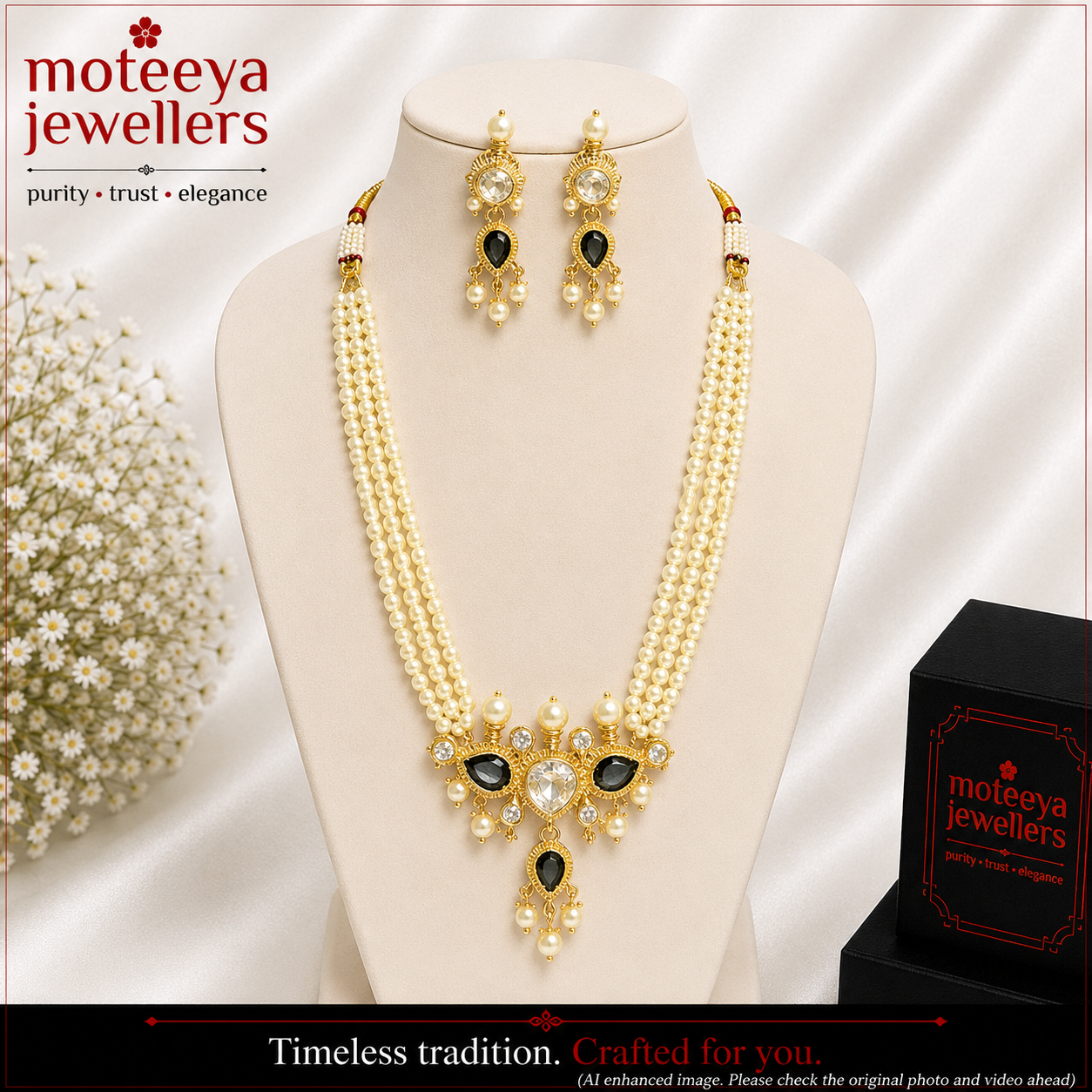 Black & White American Diamond Maharashtrian 3-leaves Tanmani Set