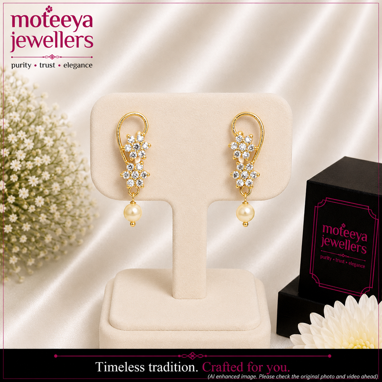 Gold Platted Flower Pair Earrings White