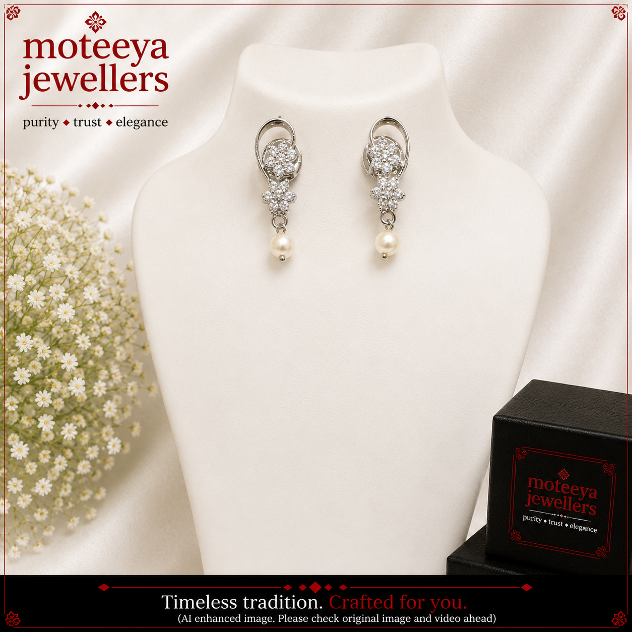 Silver Platted Flower Pair Earrings White