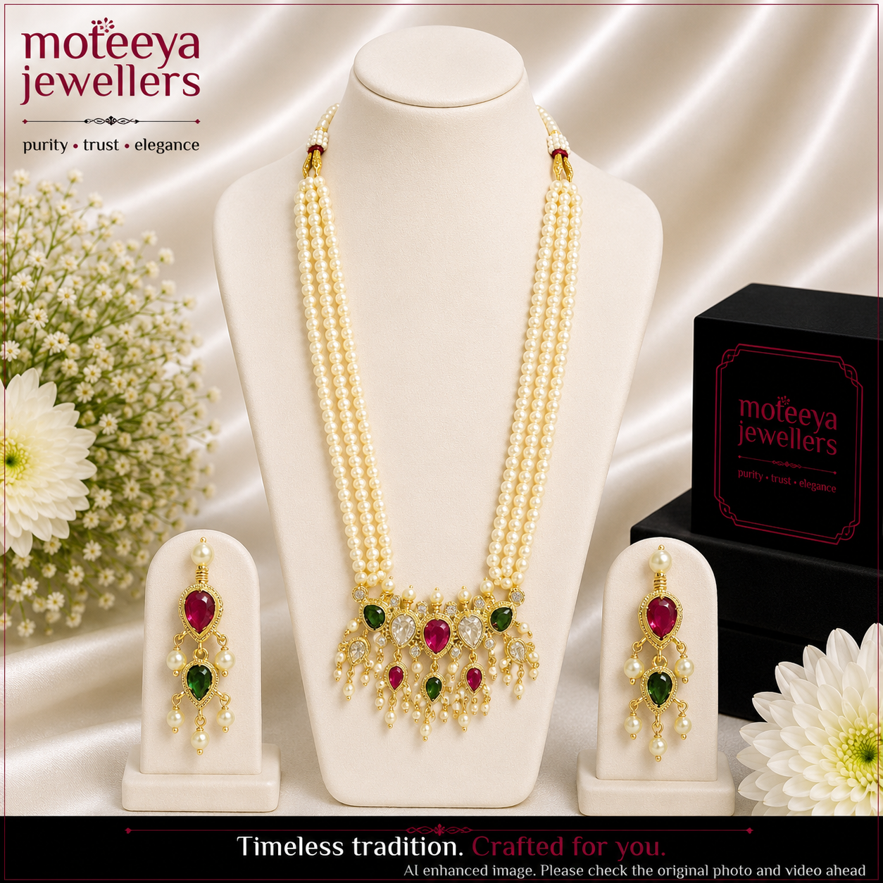 Red-Green White American Diamond Maharashtrian 5-leaves Tanmani Set