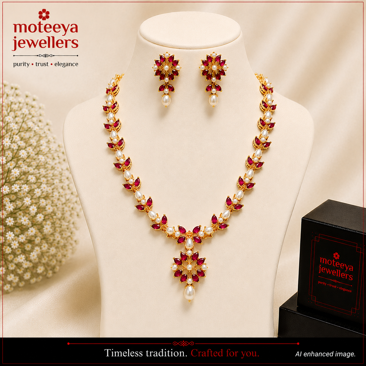 Delicate Ruby Colour Stone and Moti Necklace m564 564
