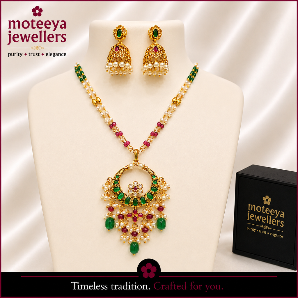 Chandrakor Red Green Ranihaar with Ghumti Earrings m632 632