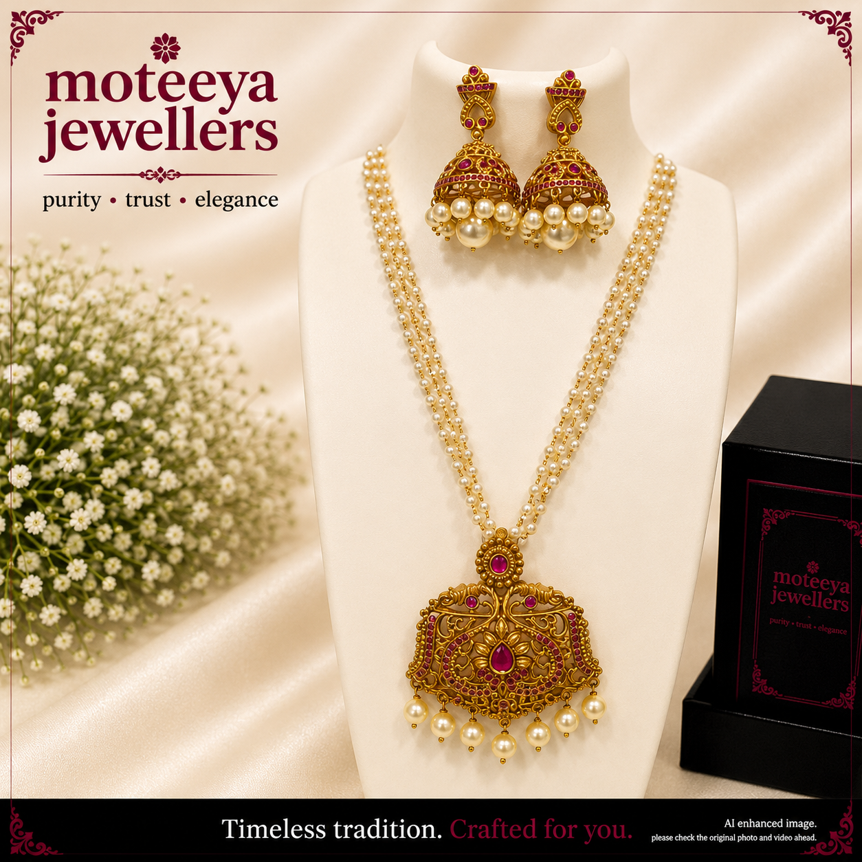 Antique finish red locket set with pearl strands L1116 1116
