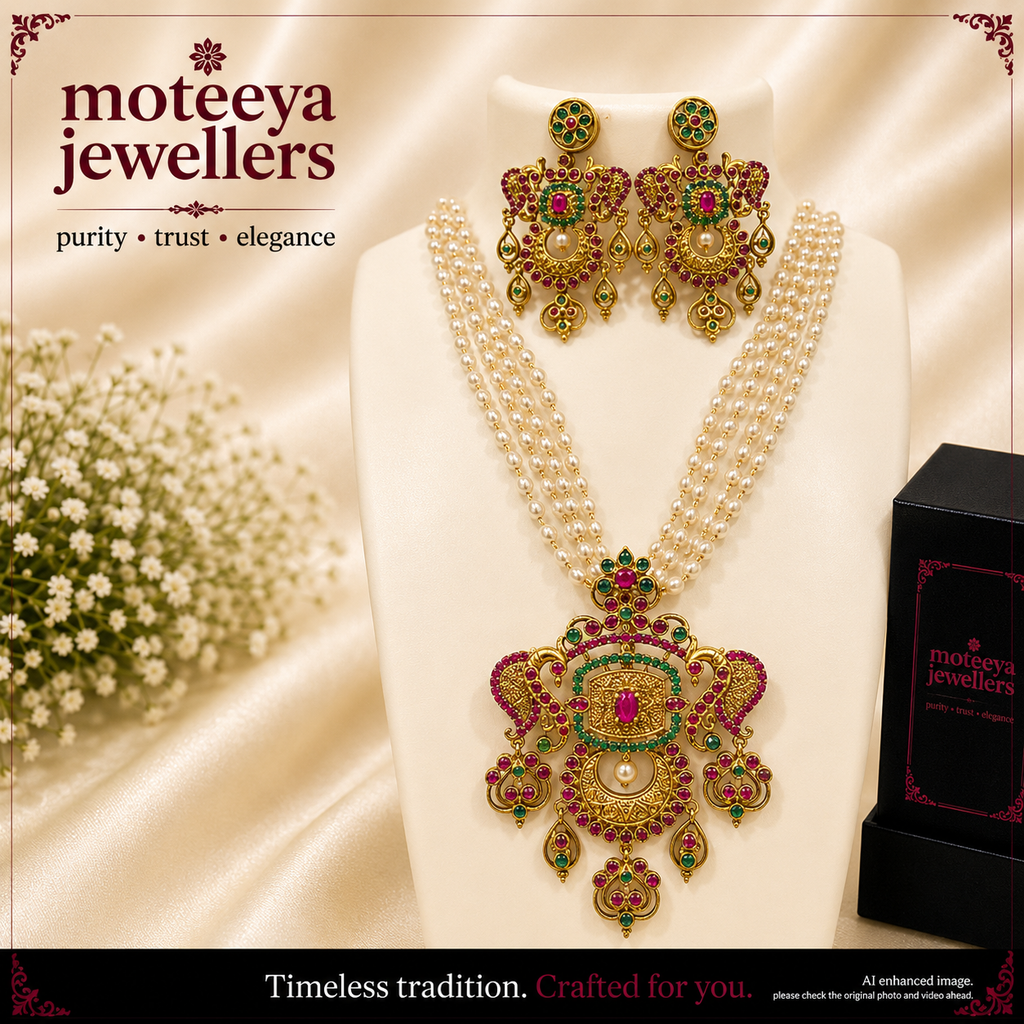 Anitque finish red green mayur locket set with 3 layered pearl strands L1113 1113