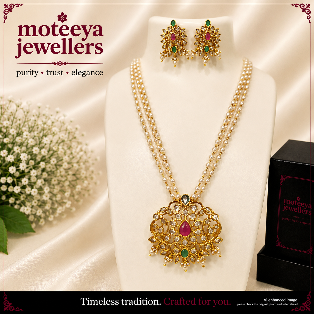 Anitque finish red green locket set with 3 layered pearl strands L1112 1112