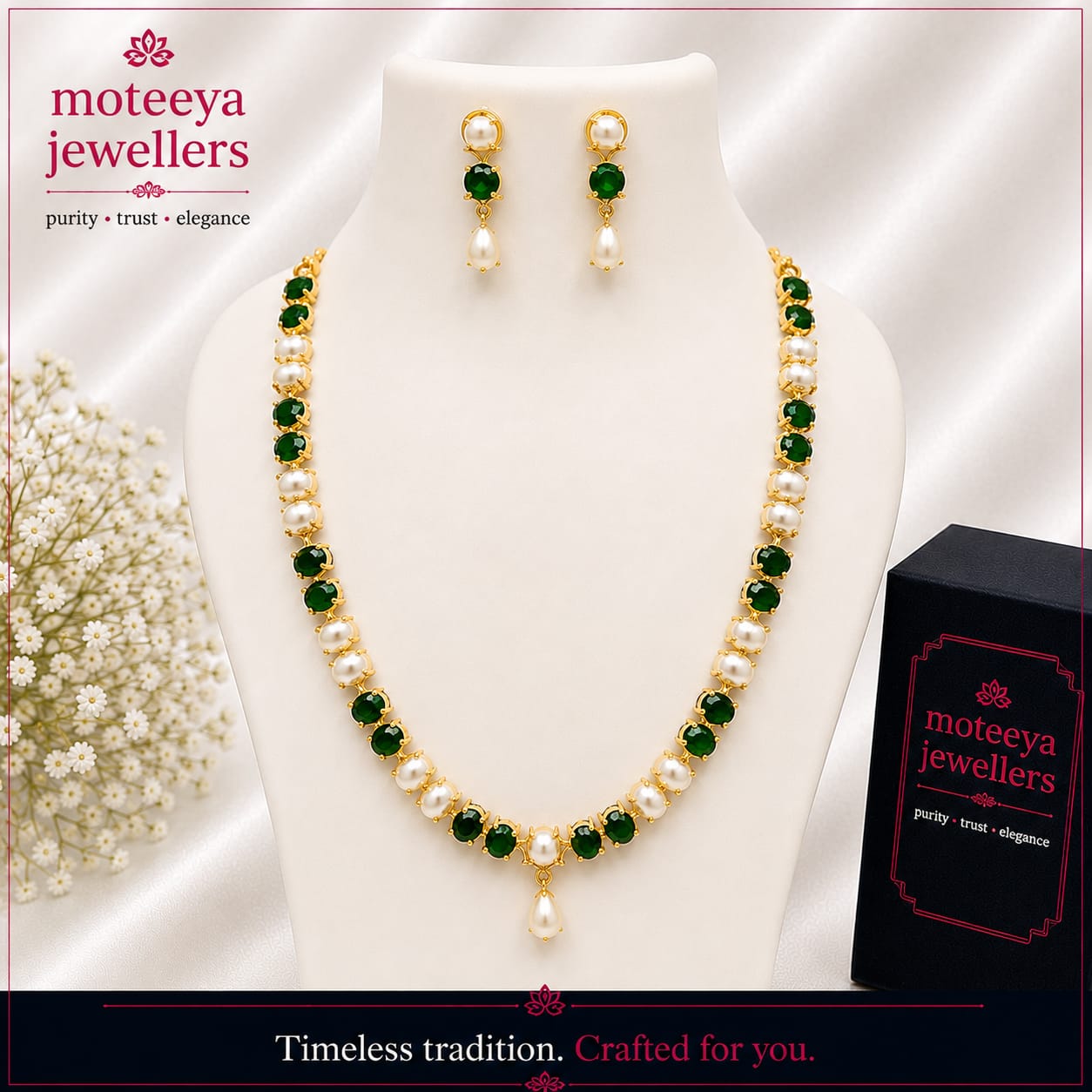 Green Stone Filigree Design Necklace Set m623 623