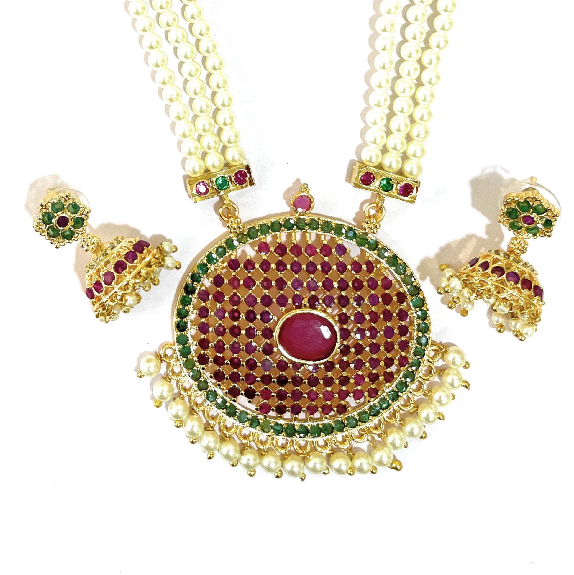 Red Green Oval Pendant Ranihaar Set