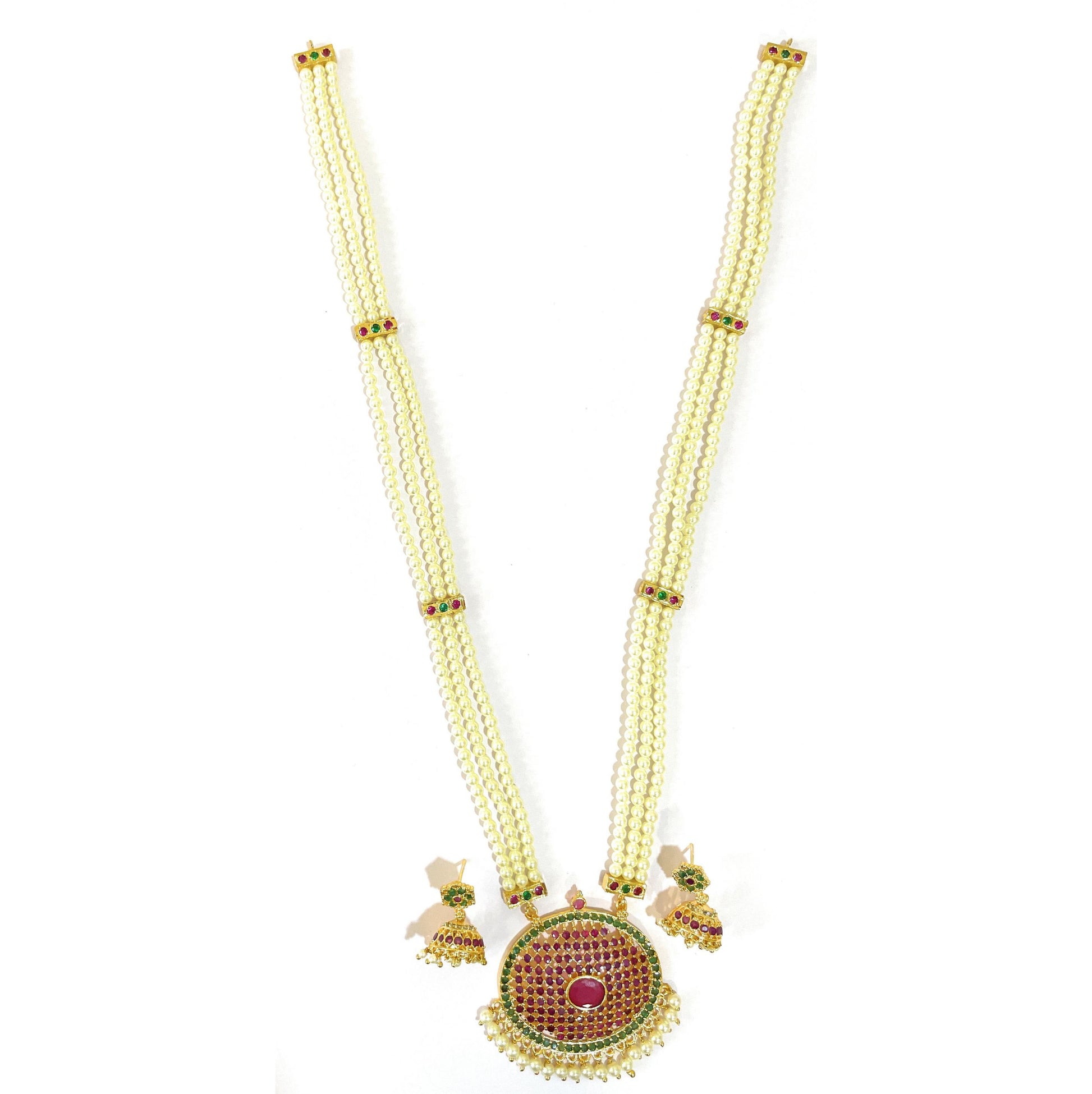Red Green Oval Pendant Ranihaar Set