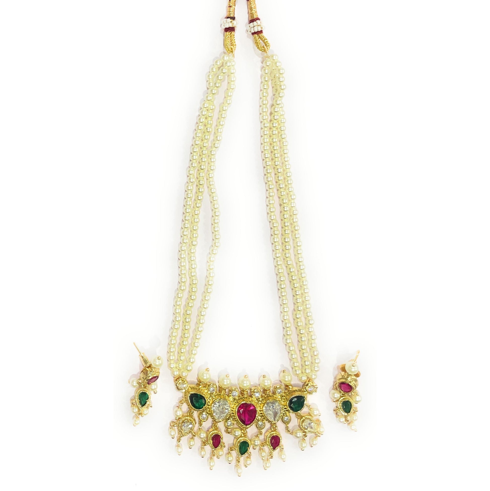 Red-Green White American Diamond Maharashtrian 5-leaves Tanmani Set