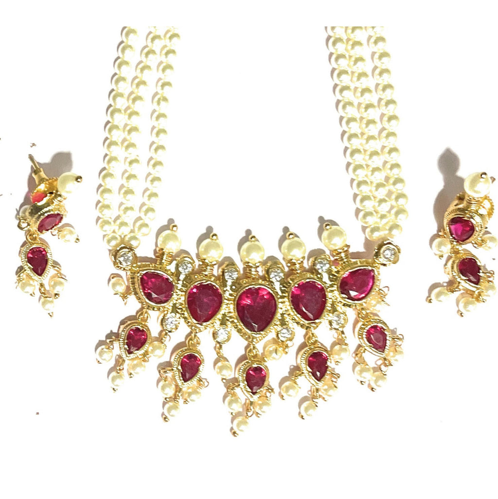 Red American Diamond Maharashtrian 5-leaves Tanmani Set