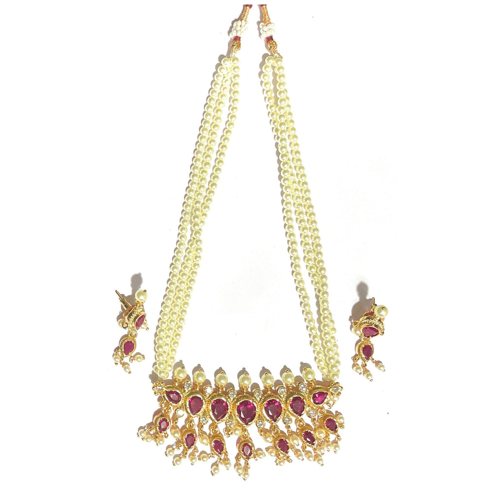 Red American Diamond Maharashtrian 7-leaves Tanmani Set