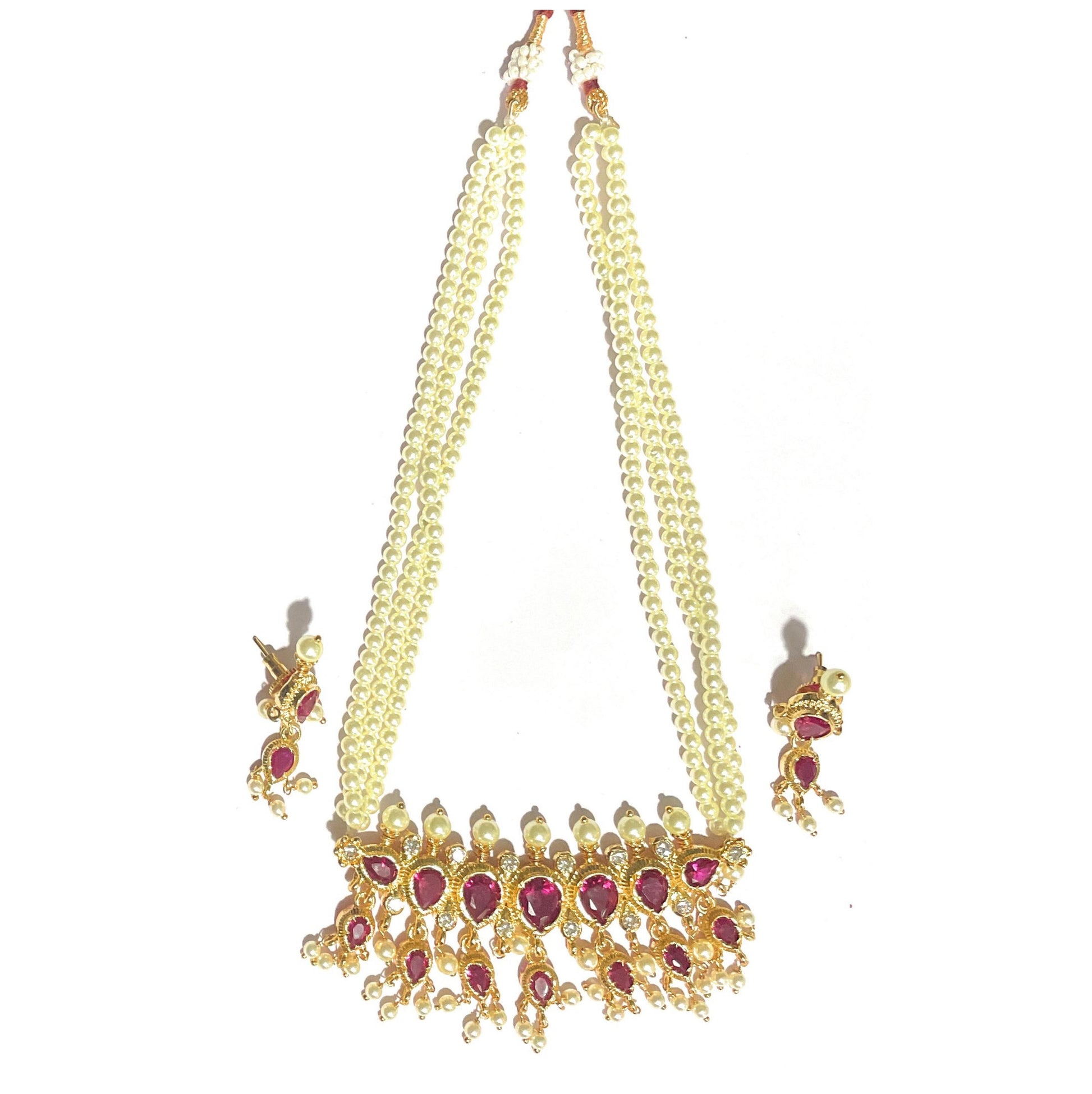 Red American Diamond Maharashtrian 7-leaves Tanmani Set