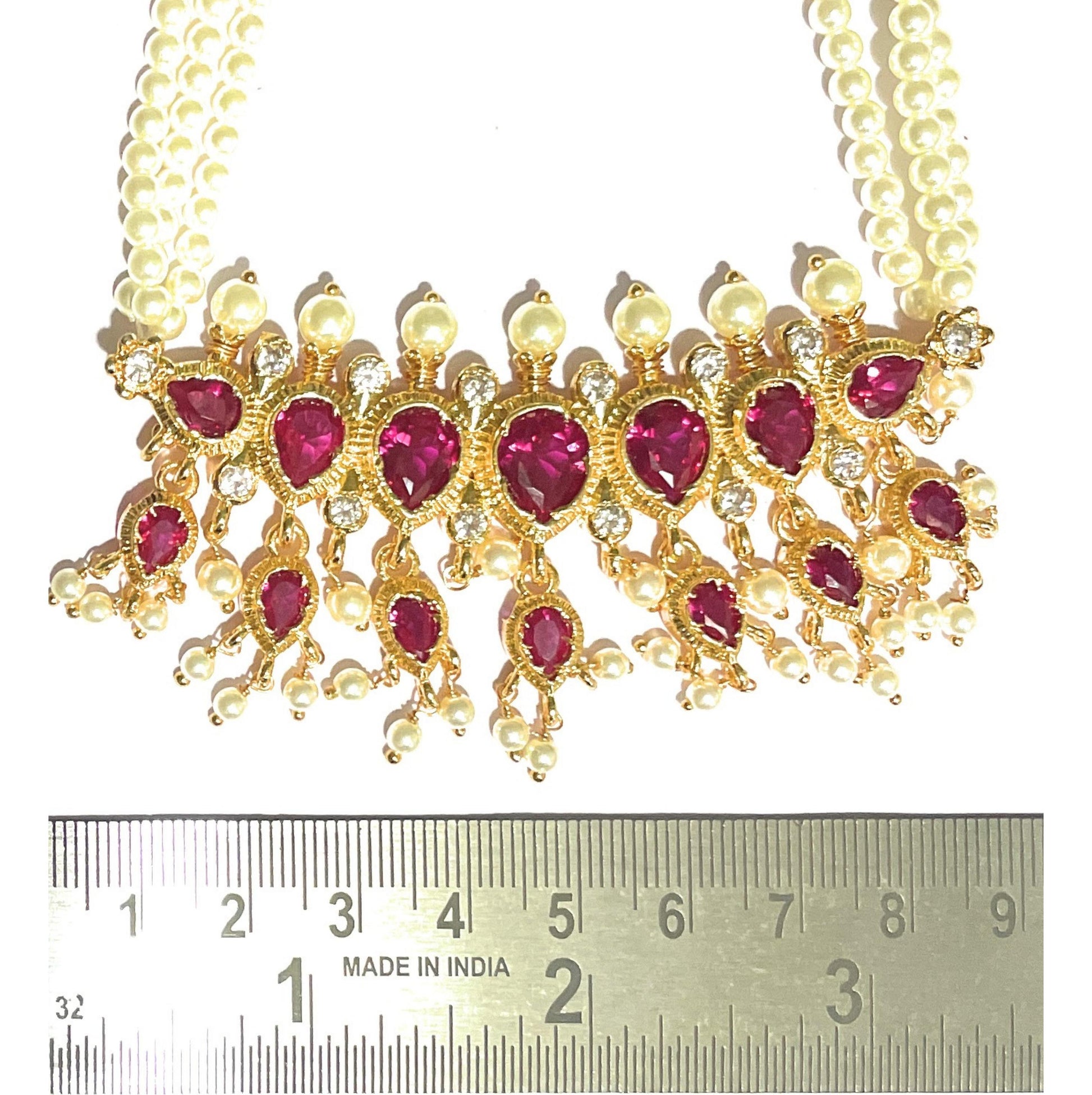 Red American Diamond Maharashtrian 7-leaves Tanmani Set
