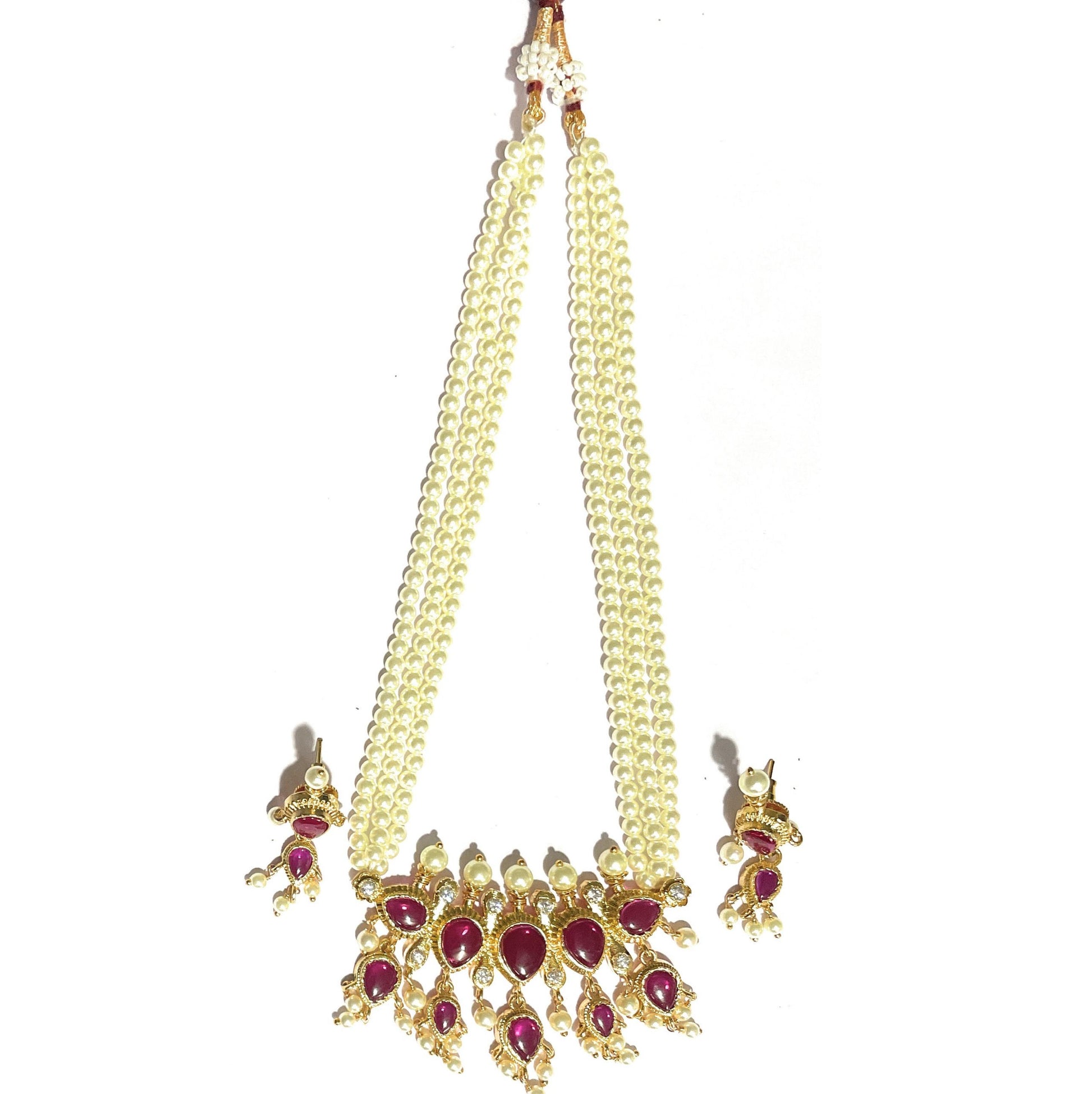 Red Uncut (Pota) Stones American Diamond Maharashtrian 5-leaves Tanmani Set