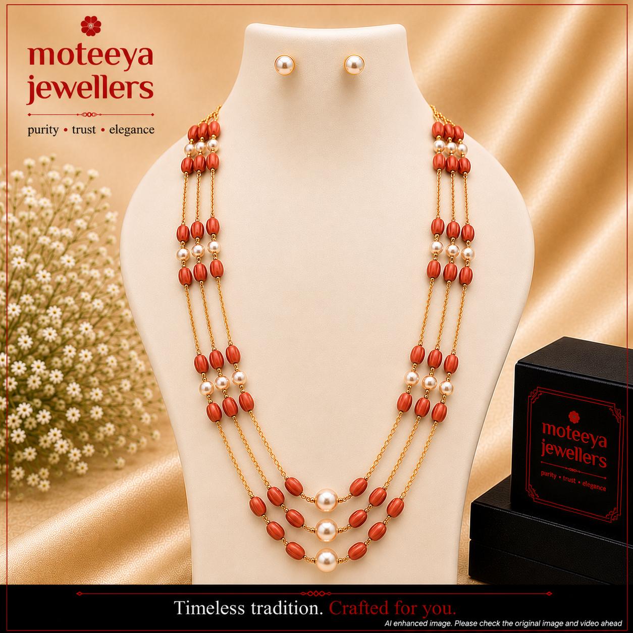 Three layered Moti and Carved Coral Chain Necklace set m680 680