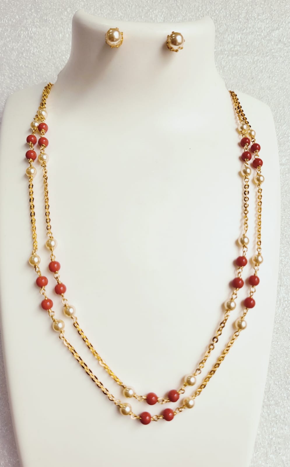 Delicate Coral Pearls Two layered Chain Necklace Set m703 703