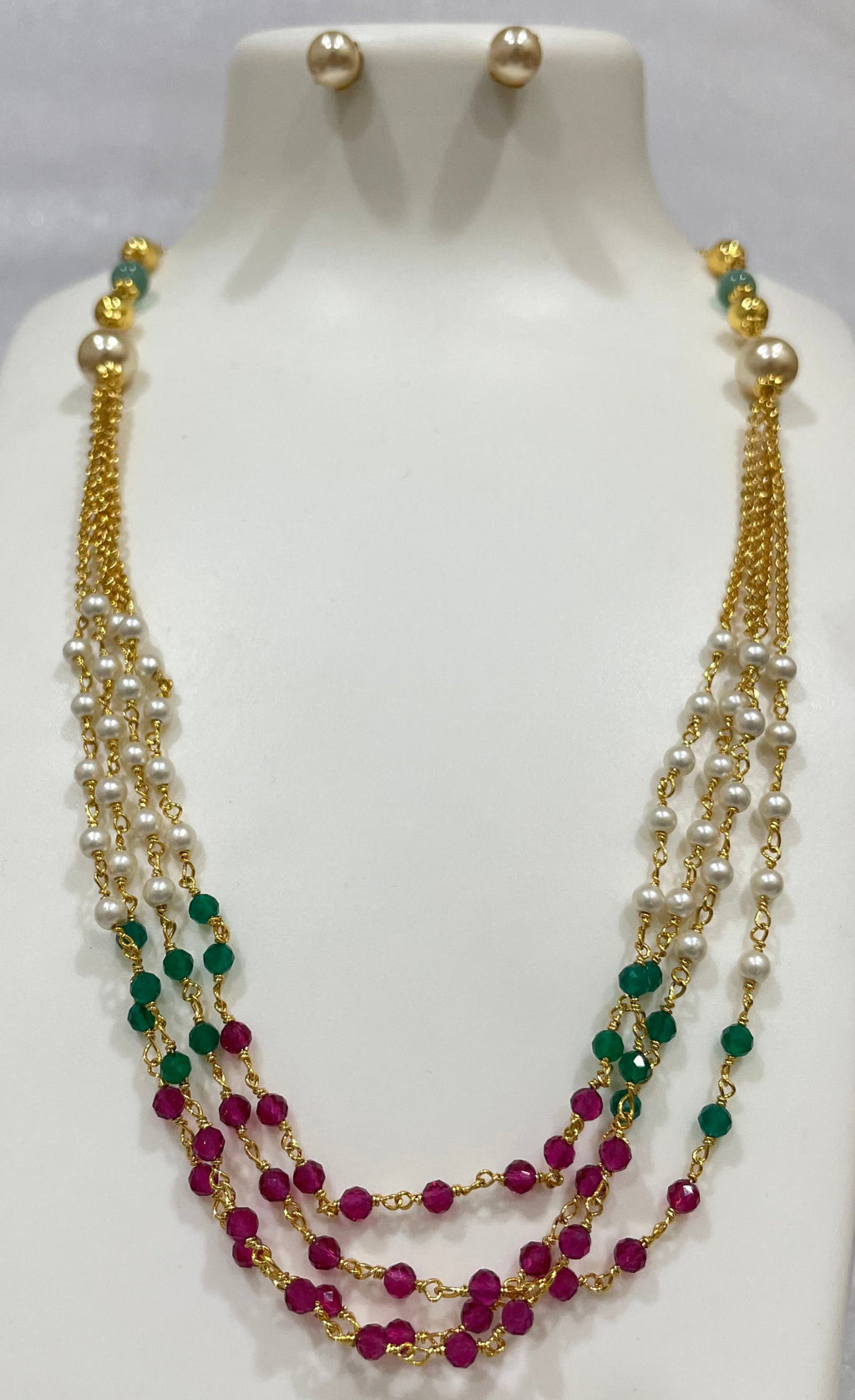 Red Green Moti four Layered necklace m436 436