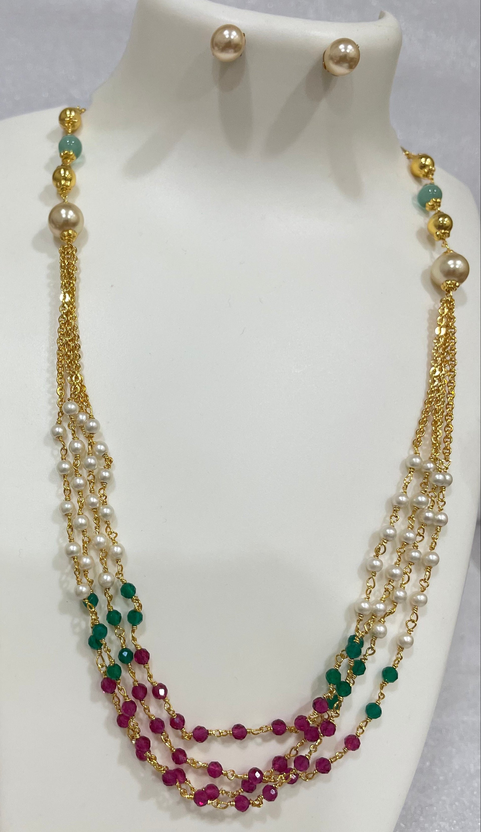 Red Green Moti four Layered necklace m436 436