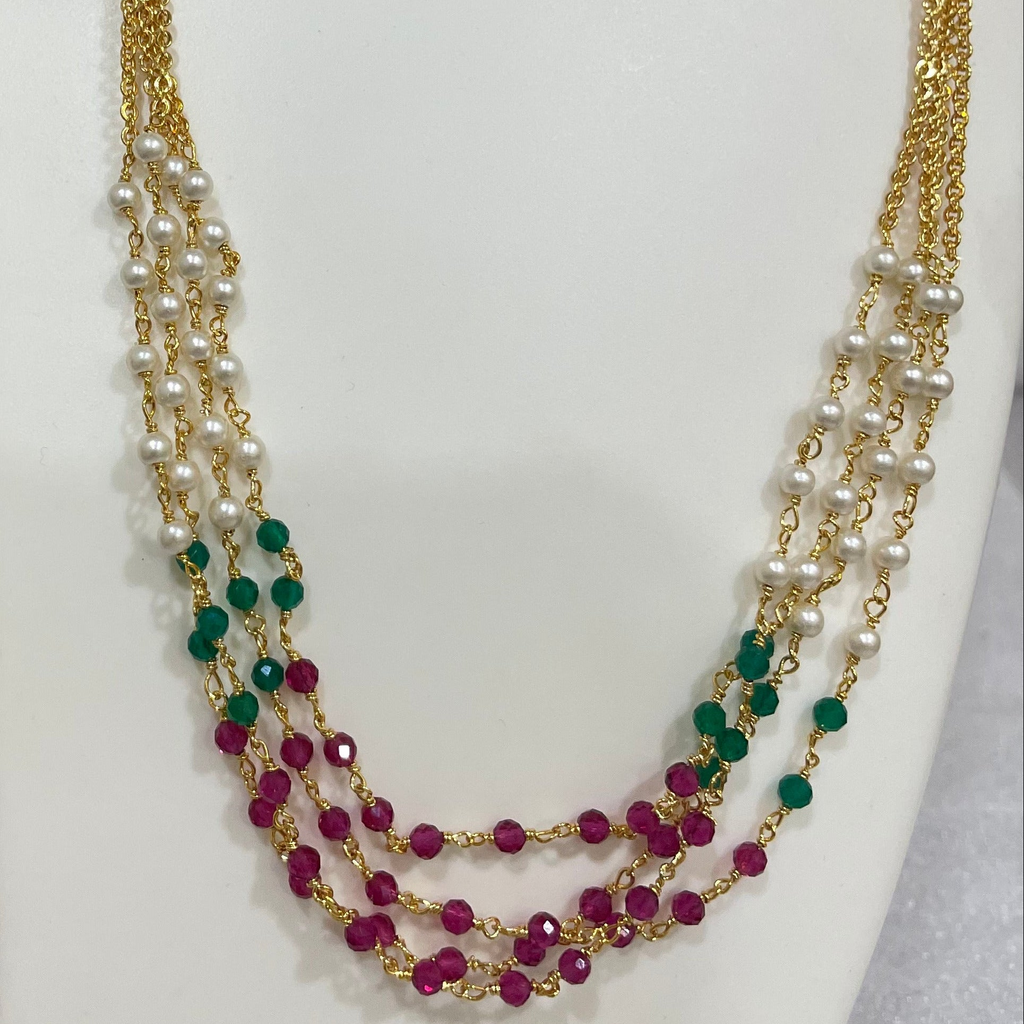 Red Green Moti four Layered necklace m436 436