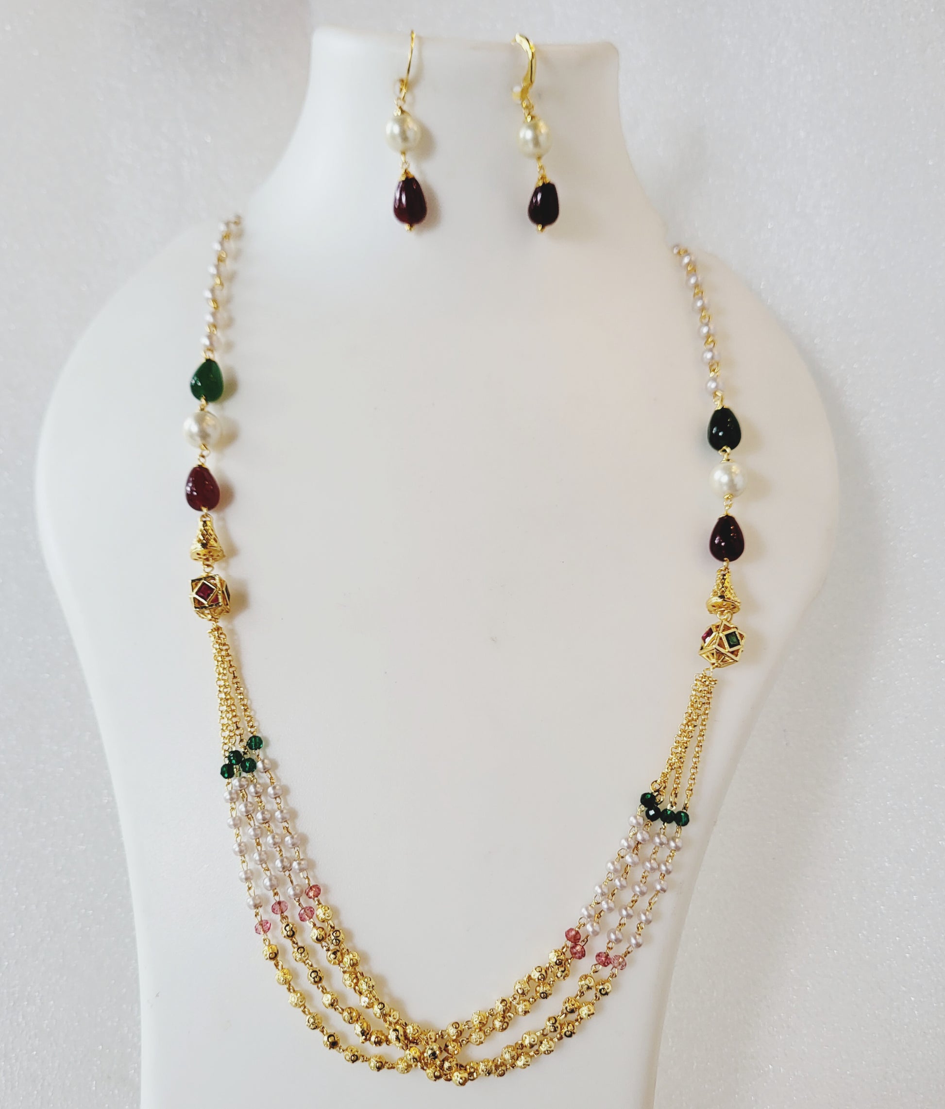 Multi Strand Red Green Moti Golden Beads Necklace Set m707 707