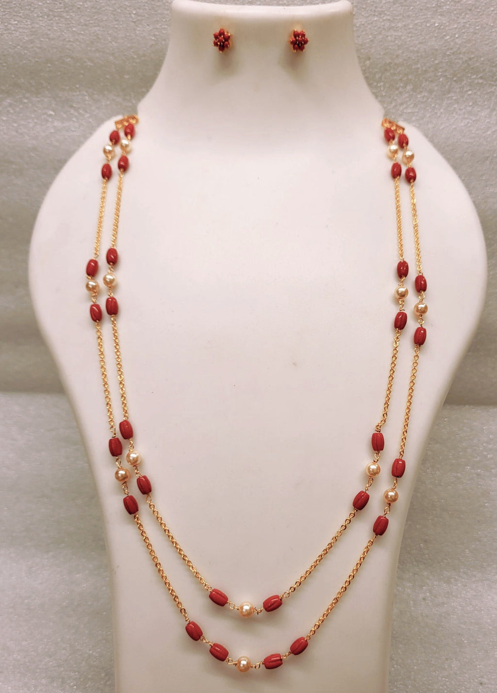 2 Layer Carved Coral Moti Chain Necklace Set m746 746