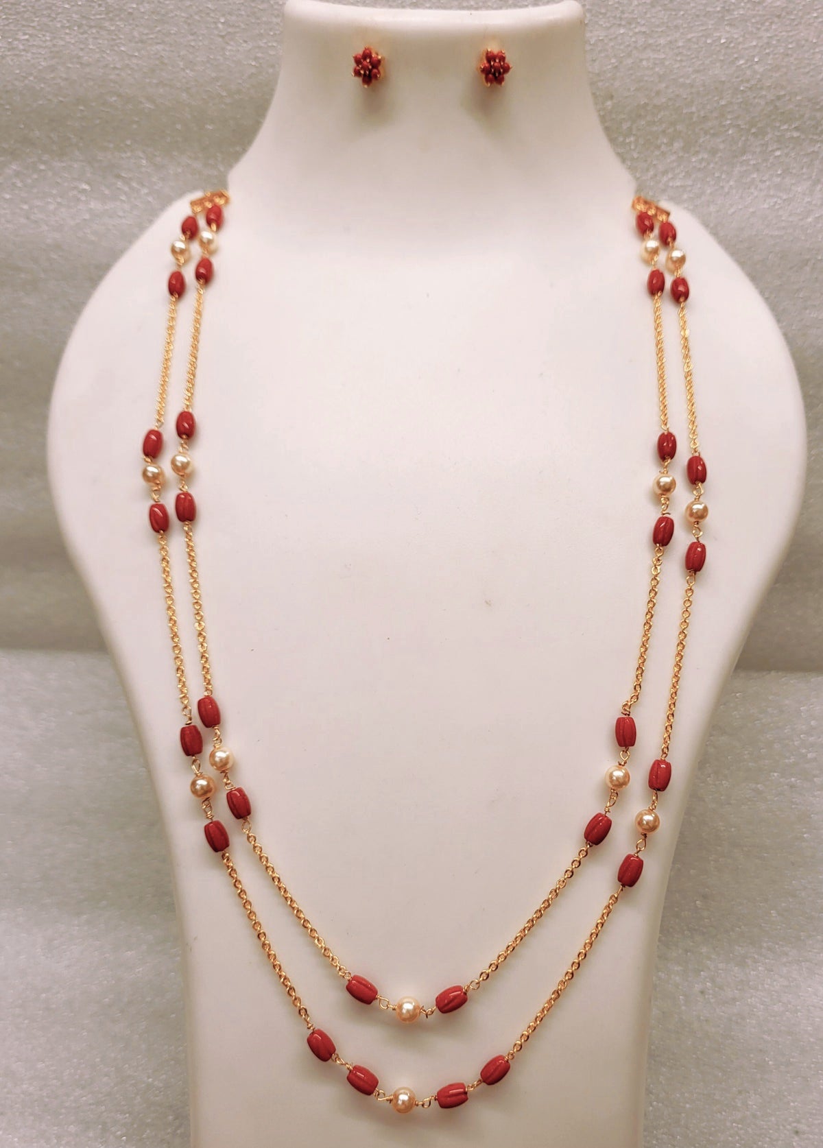 2 Layer Carved Coral Moti Chain Necklace Set m746 746