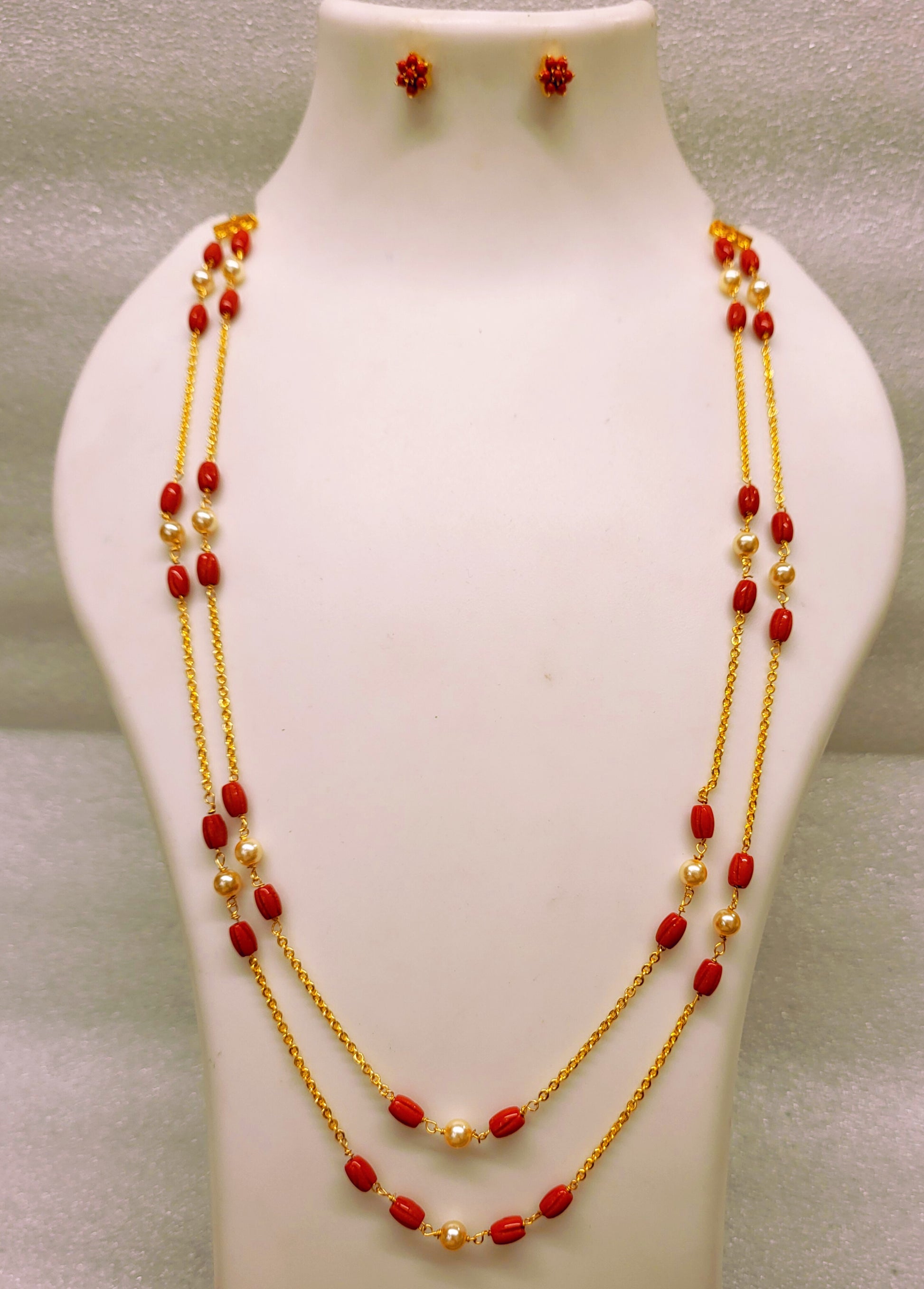 2 Layer Carved Coral Moti Chain Necklace Set m746 746