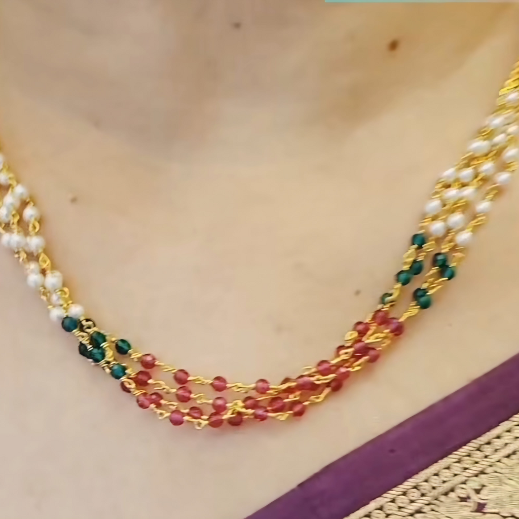 Red Green Moti four Layered necklace m436 436