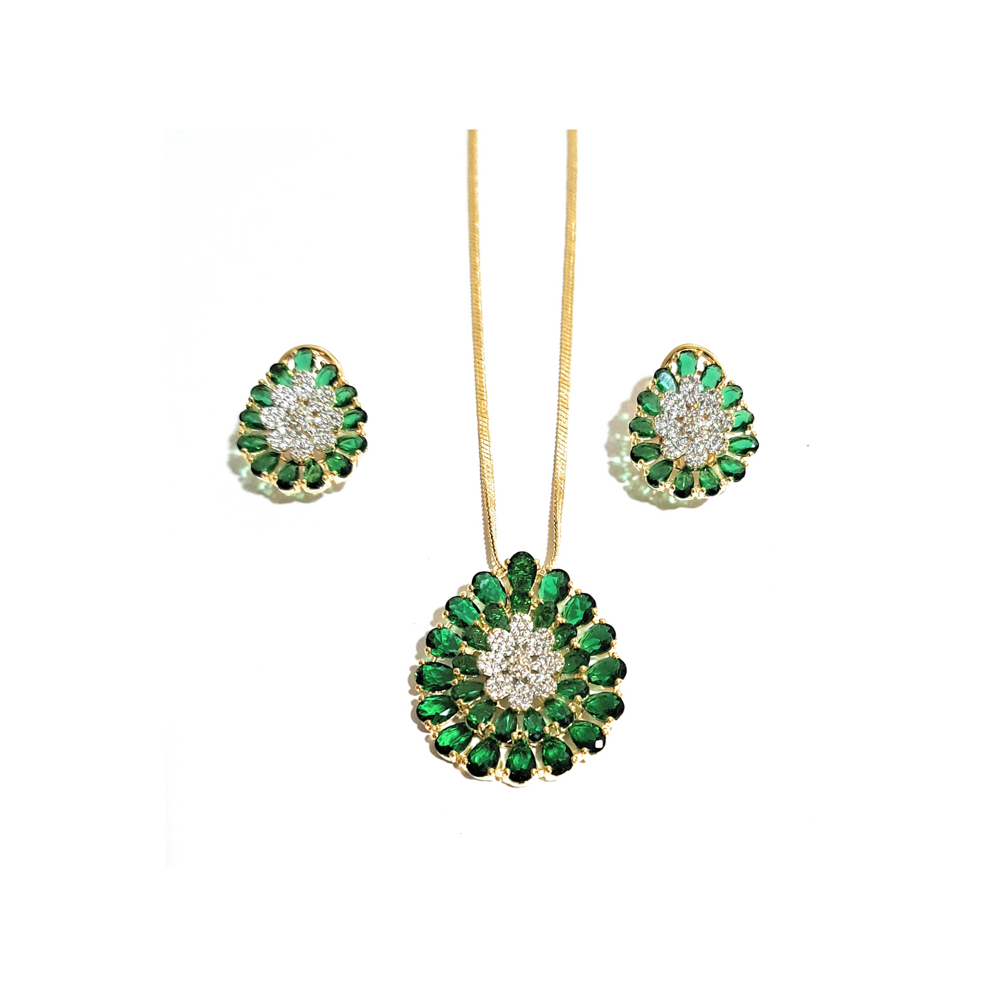 Green Pear Shaped and White American Diamonds Cluster Set