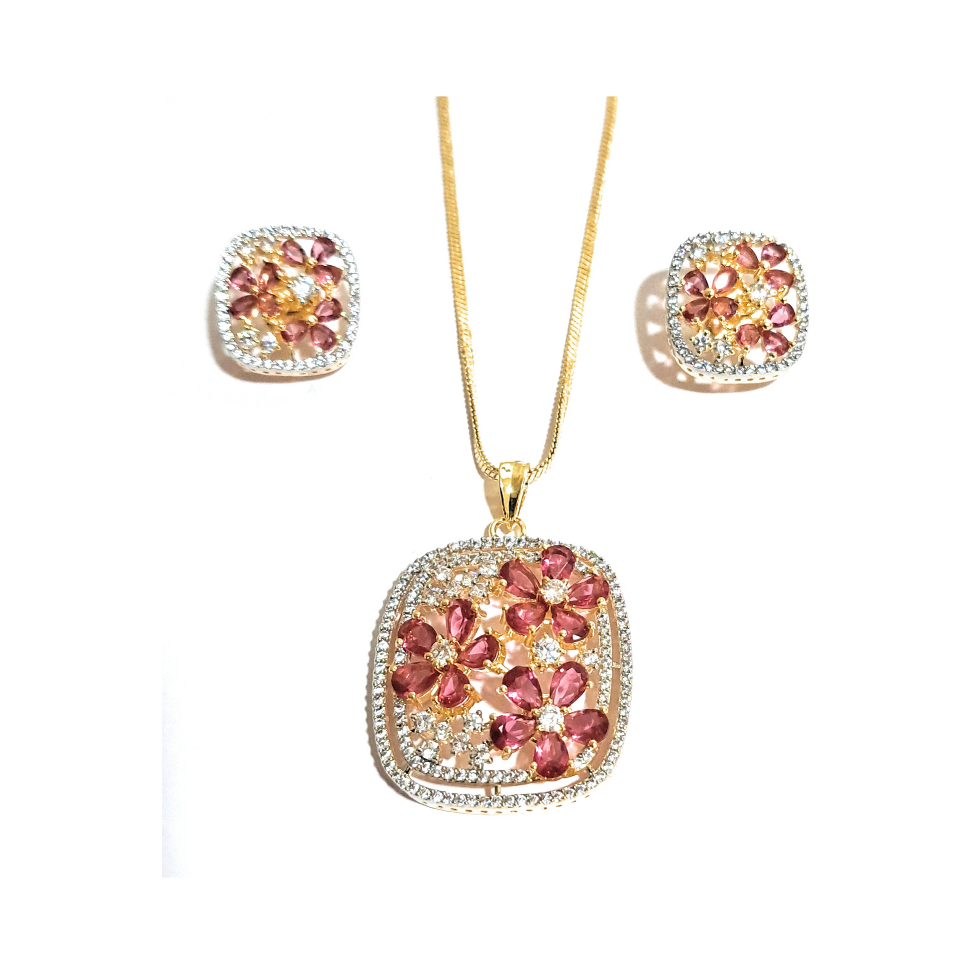 Red and White Curved Square American Diamonds Set with Chain