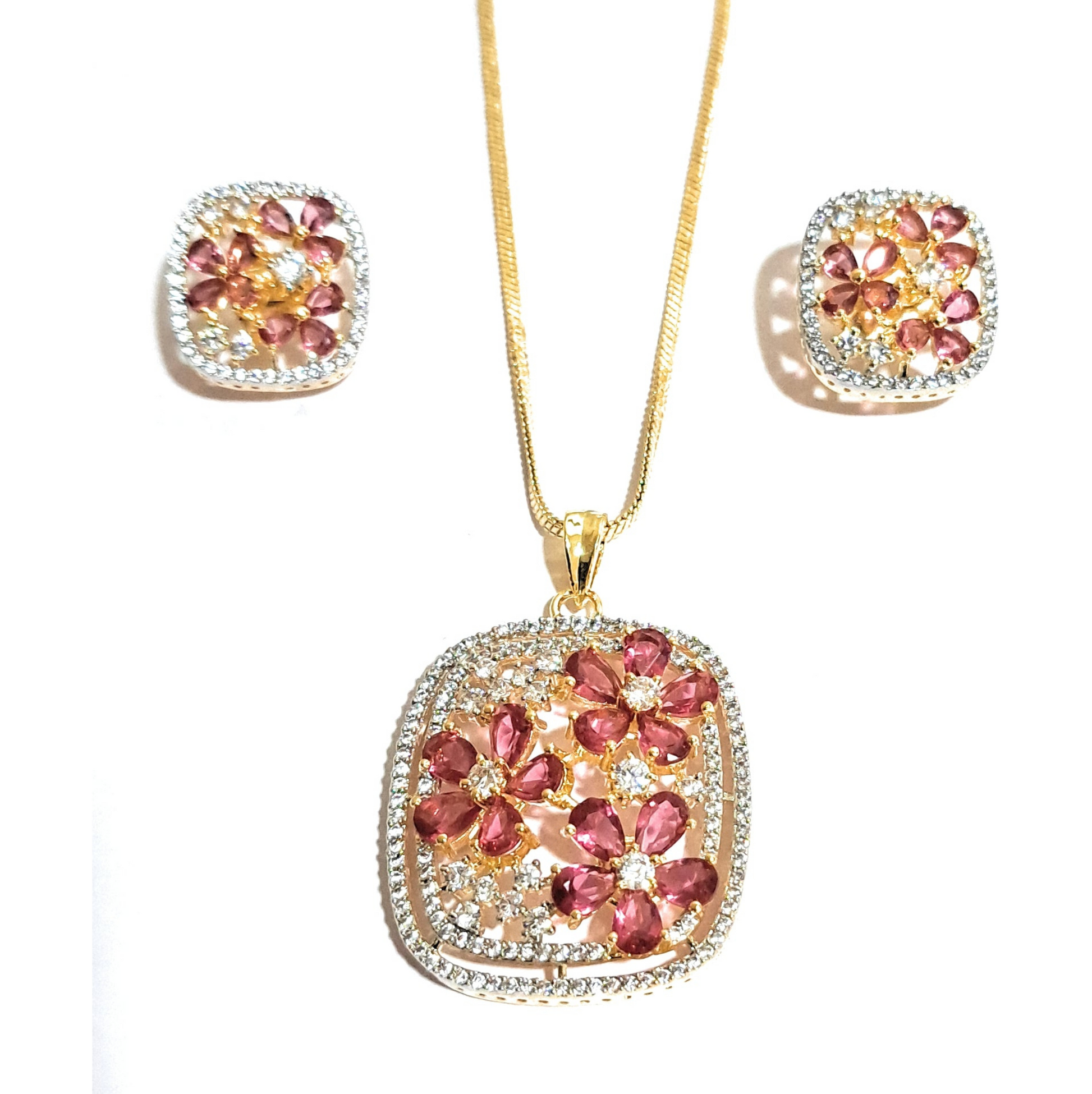 Red and White Curved Square American Diamonds Set with Chain