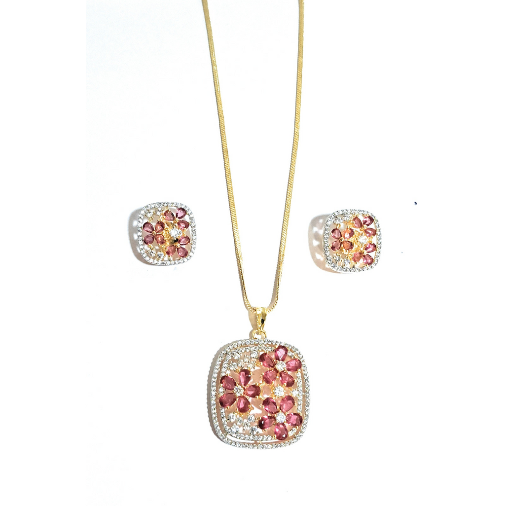 Red and White Curved Square American Diamonds Set with Chain