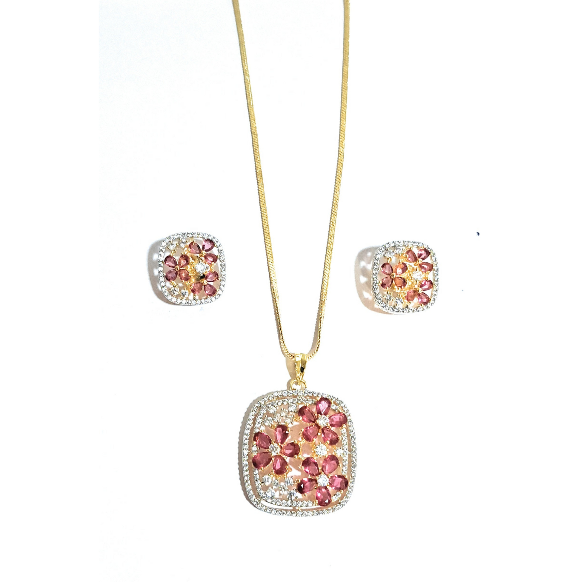 Red and White Curved Square American Diamonds Set with Chain