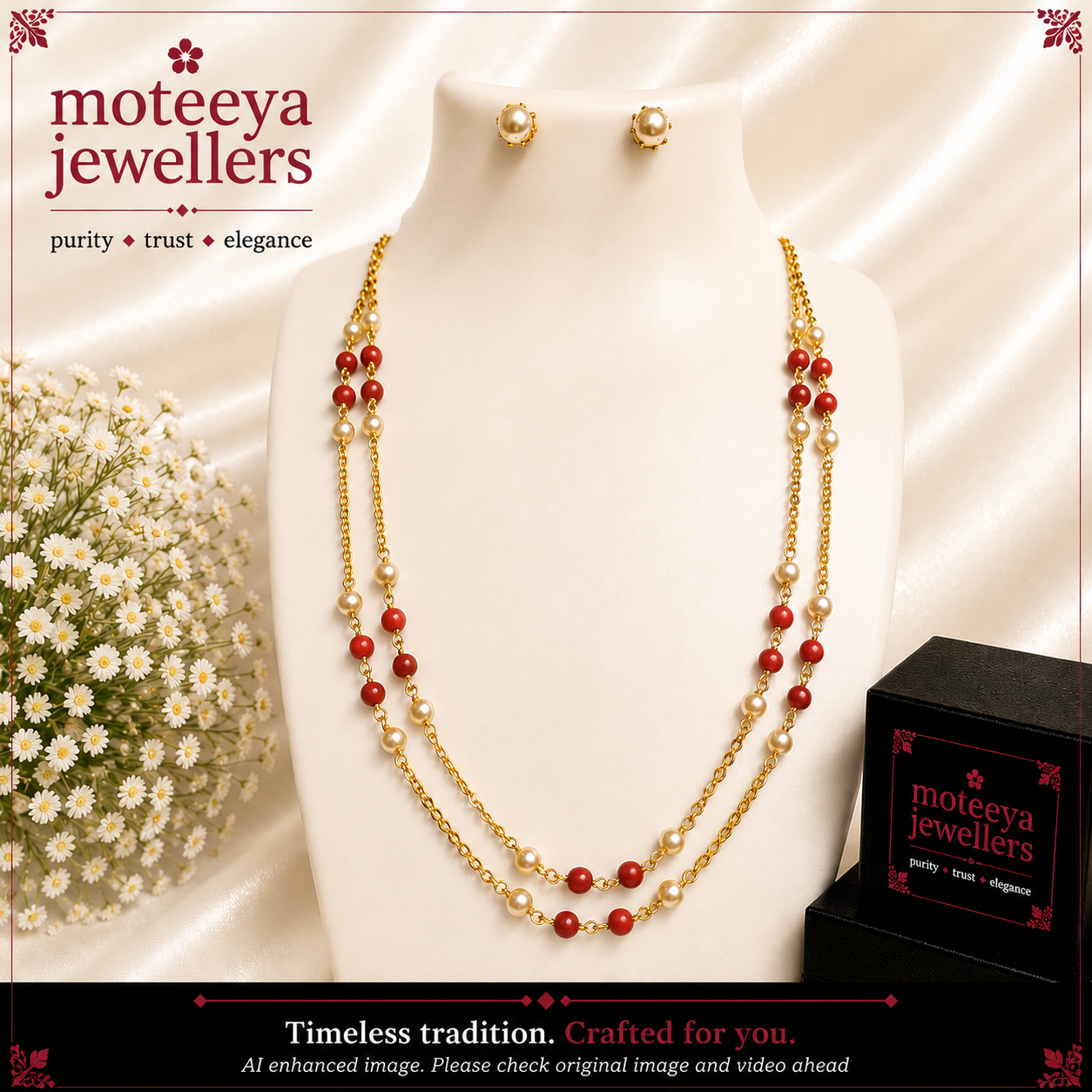 Delicate Coral Pearls Two layered Chain Necklace Set m703 703