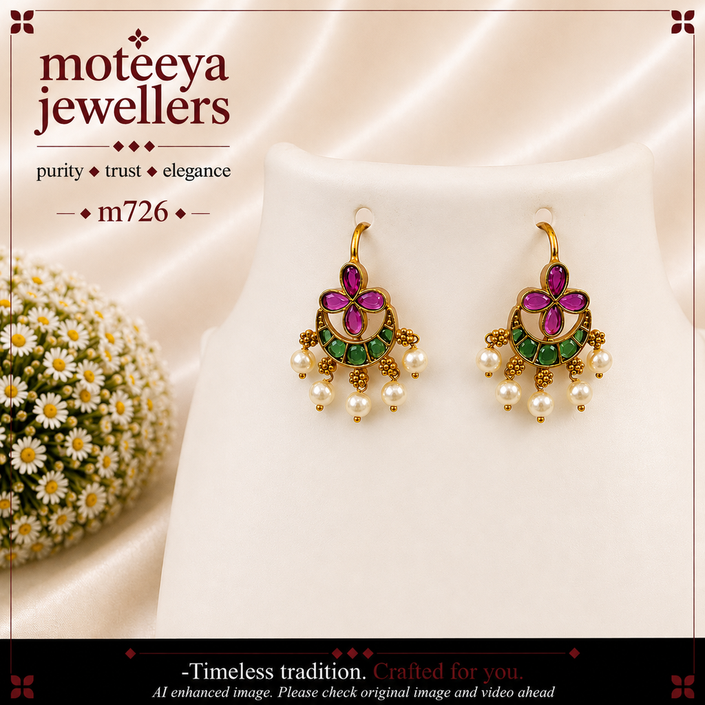 Red Green Pota (Uncut) Stones Chandrakor Earrings in Antique Finish m726 726