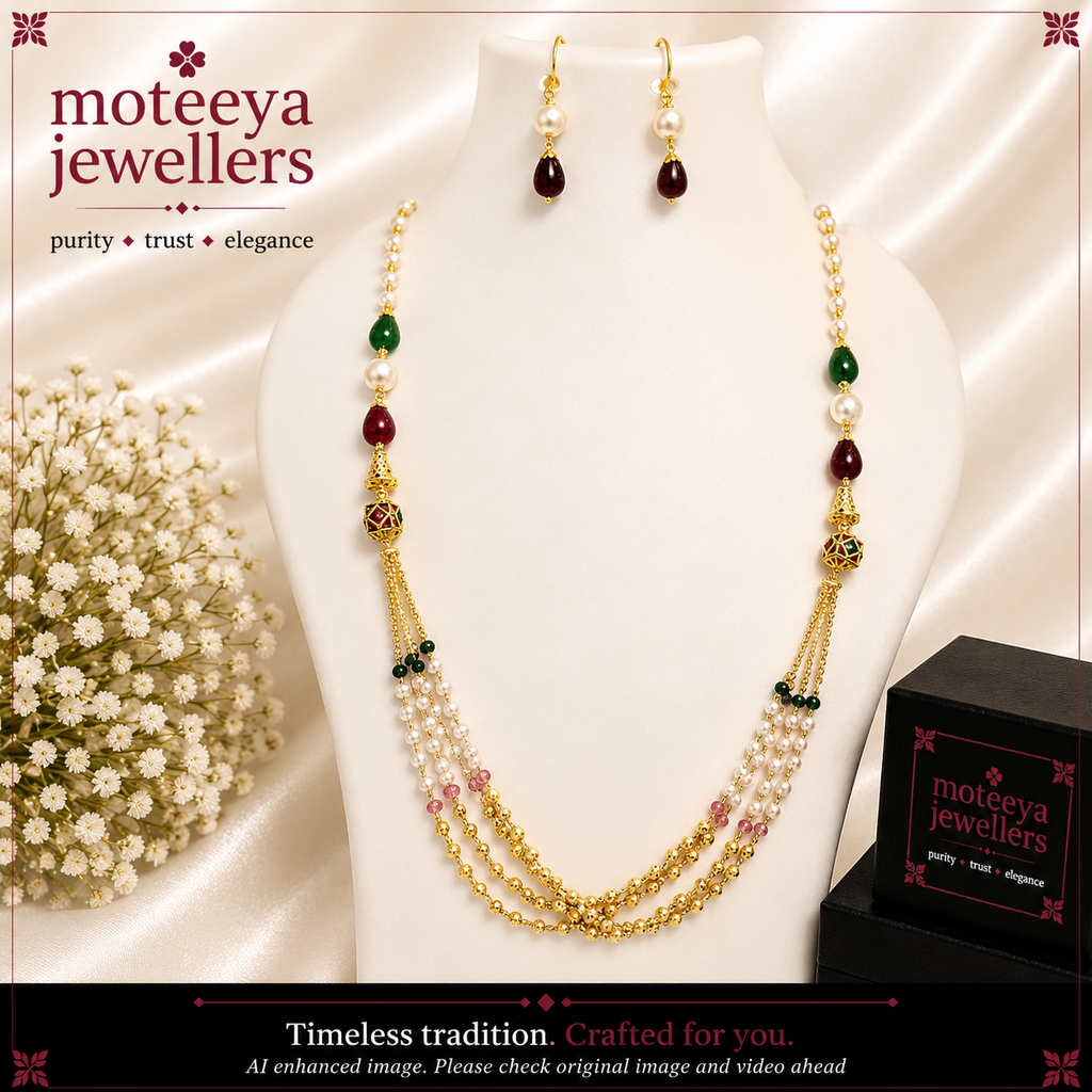 Multi Strand Red Green Moti Golden Beads Necklace Set m707 707