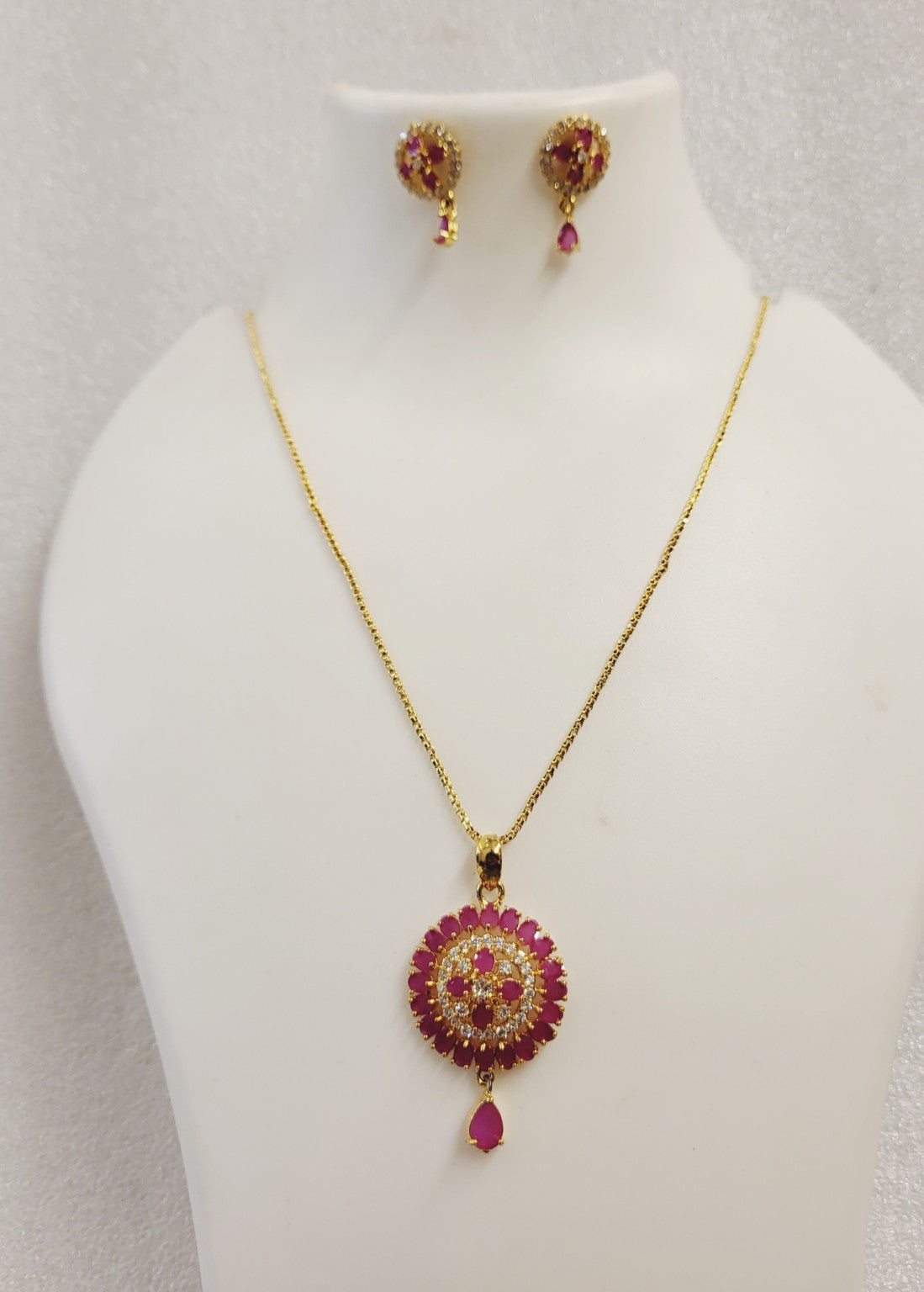 Ruby Pink and white American Diamond Locket Set with Chain Loc1102
